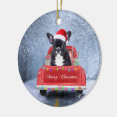 Franse Bulldog op sneeuw tijdens de kerstmis Keramisch Ornament (Links)