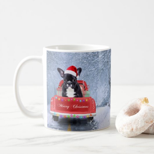 Franse Bulldog op sneeuw tijdens de kerstmis Koffiemok (Met donut)