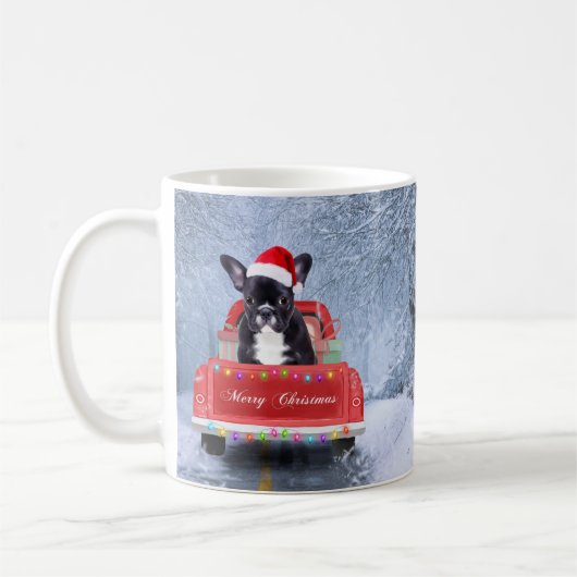 Franse Bulldog op sneeuw tijdens de kerstmis Koffiemok (Links)