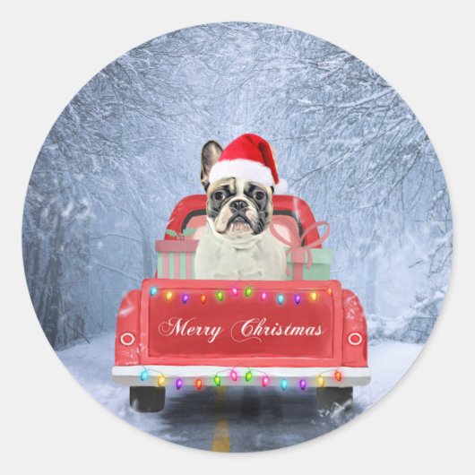 Franse Bulldog op sneeuw tijdens de kerstmis Ronde Sticker (Voorkant)