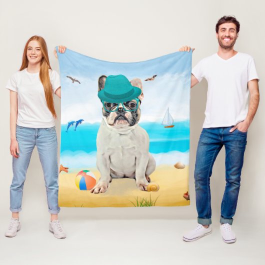 Franse Bulldog op Strand Fleece Deken (In situ)