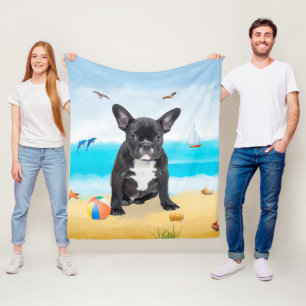 Franse Bulldog op Strand Fleece Deken