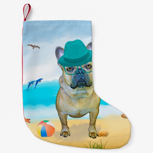 Franse Bulldog op Strand Kleine Kerstsok (Voorkant)