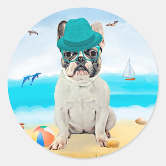 Franse Bulldog op Strand Ronde Sticker (Voorkant)