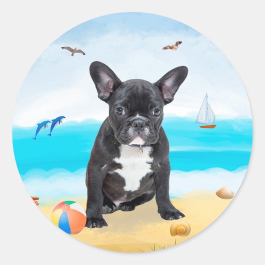 Franse Bulldog op Strand Ronde Sticker (Voorkant)