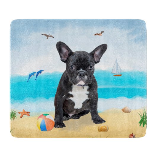 Franse Bulldog op Strand Worpkussen Snijplank (Voorkant)