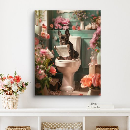 Franse Bulldog op toilet | Frans Art Badkamer Canvas Afdruk