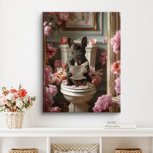 Franse Bulldog op toilet | Frans Art Badkamer Canvas Afdruk
