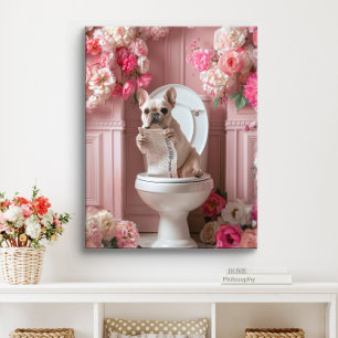 Franse Bulldog op Toilet   Franse Kunst Badkamer Canvas Afdruk