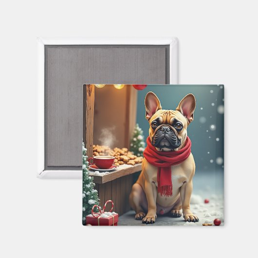 Franse Bulldog op Vintage Kerstmarkt Magneet (Voorkant / Achterkant)