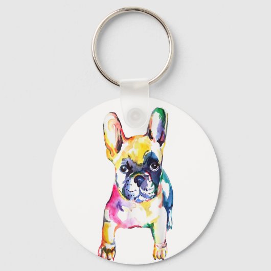 Franse Bulldog Originele Waterverf Handtekening Sleutelhanger (Voorkant)