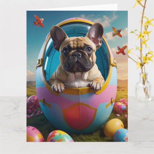 Franse Bulldog Pasen Eieren  Kaart (Gele Bloem)
