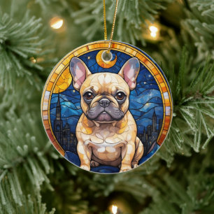 Franse Bulldog Pastel Glas in lood City Night Sky Keramisch Ornament