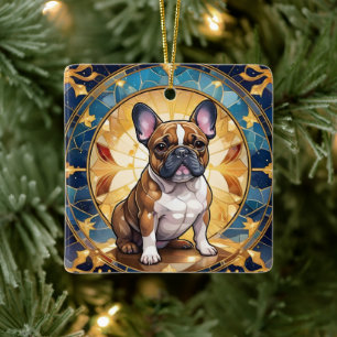 Franse Bulldog Pastel Glas in lood Gouden Kerst Keramisch Ornament