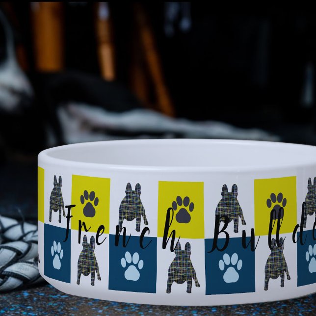Franse Bulldog & Paw Yellow & Blue Grid Dog Bowl Voerbakje (Creator heeft geüpload)