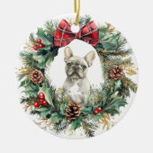 Franse Bulldog Pine Cone Bow Krans Keramisch Ornament (Voorkant)