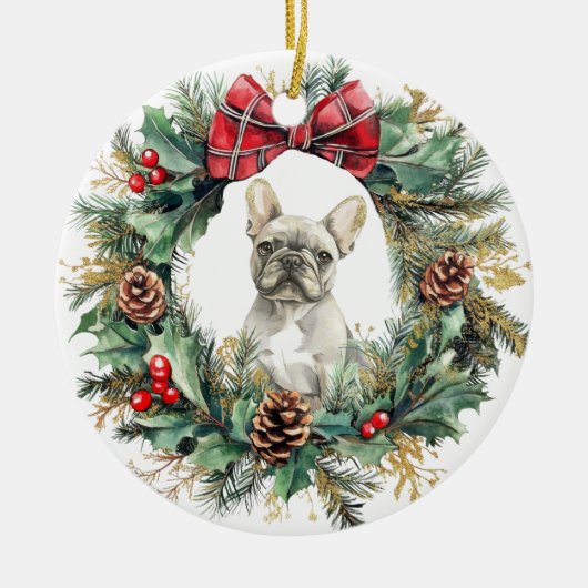 Franse Bulldog Pine Cone Bow Krans Keramisch Ornament (Voorkant)