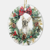 Franse Bulldog Pine Cone Bow Krans Keramisch Ornament (Links)