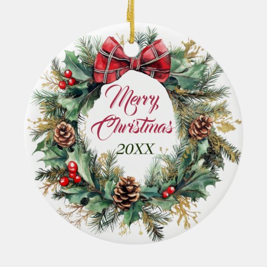 Franse Bulldog Pine Cone Bow Krans Keramisch Ornament (Achterkant)