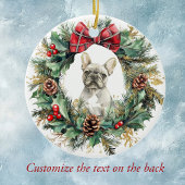 Franse Bulldog Pine Cone Bow Krans Keramisch Ornament