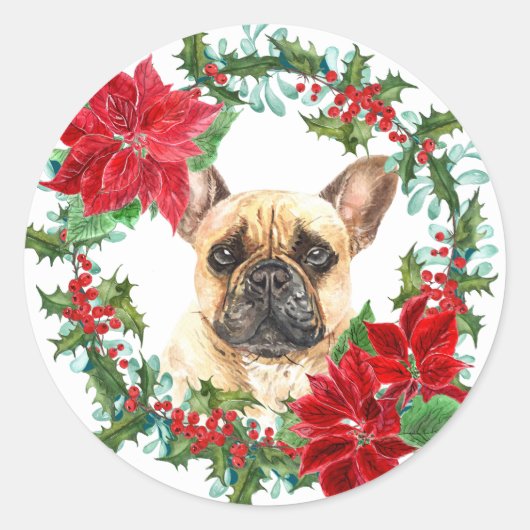 Franse Bulldog Poinsettia Holly Kerstkrans Ronde Sticker (Voorkant)