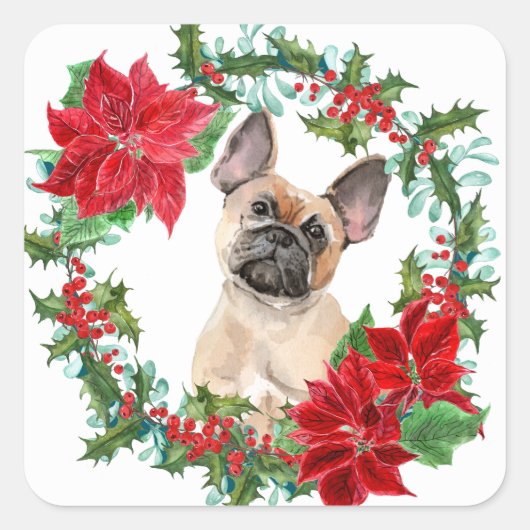 Franse Bulldog Poinsettia Kerstkrans Vierkante Sticker (Voorkant)