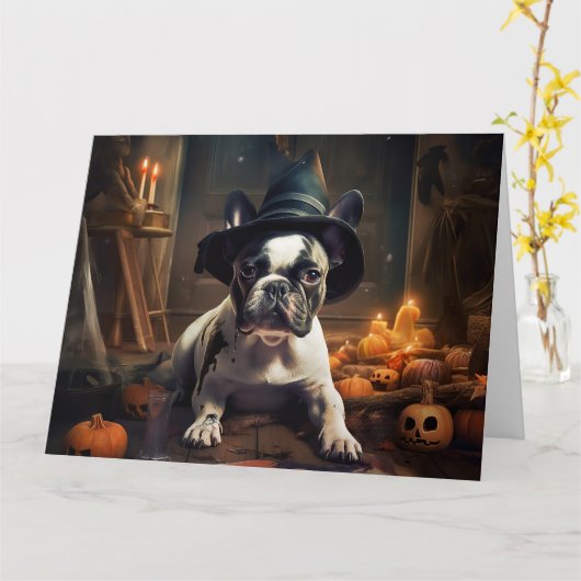 Franse Bulldog pompoenen Halloween eng Kaart (Gele Bloem)