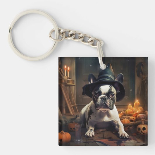 Franse Bulldog pompoenen Halloween eng Sleutelhanger (Voorkant)