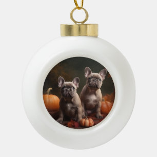 Franse Bulldog Pup Autumn Delight Pumpkin Keramische Bal Ornament