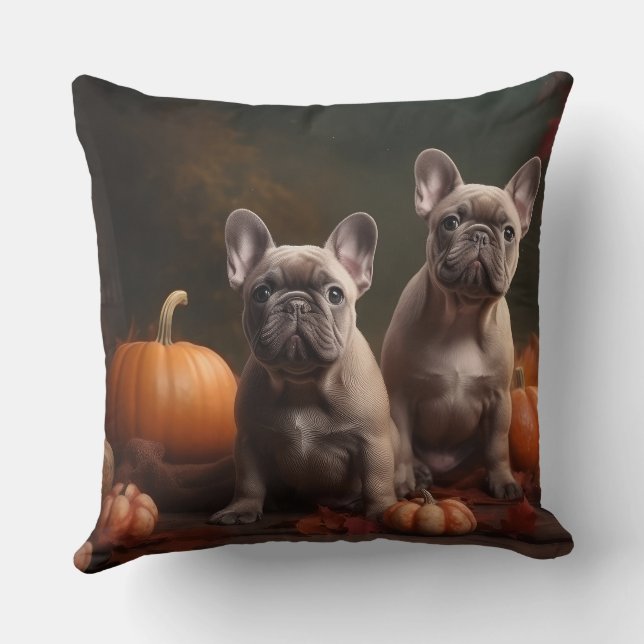 Franse Bulldog Pup Autumn Delight Pumpkin Kussen (Achterkant)