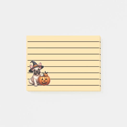 Franse Bulldog Pup in Heksenhoed met Pompoen Post-it® Notes (Voorkant)