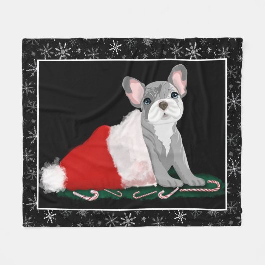 Franse Bulldog Pup In Sinterklaas Muts Fleece Deke Deken (Voorkant (Horizontaal))