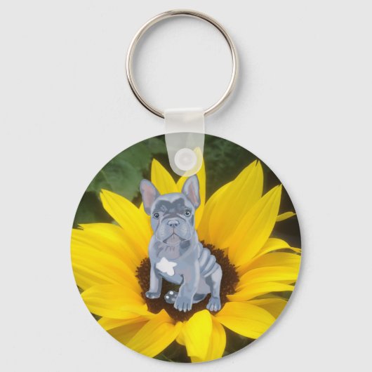 Franse Bulldog Puppy and Sunflower Sleutelhanger (Voorkant)