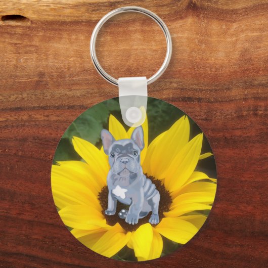Franse Bulldog Puppy and Sunflower Sleutelhanger (Voorkant)