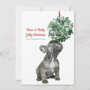 Franse Bulldog Puppy En Misteletoe Feestdagenkaart