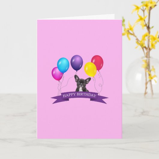 Franse BullDog Puppy Happy Birthday Wenskaart Kaart (Gele Bloem)