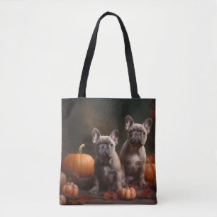 Franse Bulldog Puppy Herfst Plezier Pompoen Tote Bag