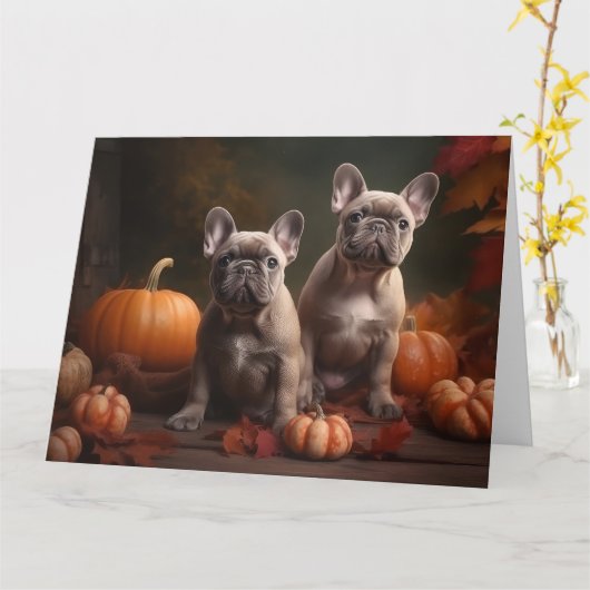 Franse Bulldog Puppy Herfstpracht Pompoen Kaart (Gele Bloem)