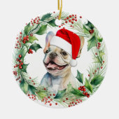 Franse Bulldog Puppy Holly krans Kerstmis Keramisch Ornament (Voorkant)