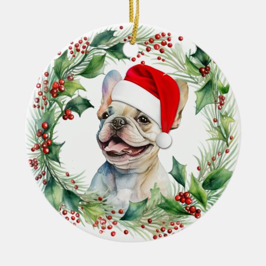 Franse Bulldog Puppy Holly krans Kerstmis Keramisch Ornament (Voorkant)