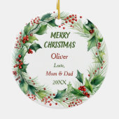 Franse Bulldog Puppy Holly krans Kerstmis Keramisch Ornament (Achterkant)