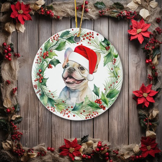 Franse Bulldog Puppy Holly krans Kerstmis Keramisch Ornament