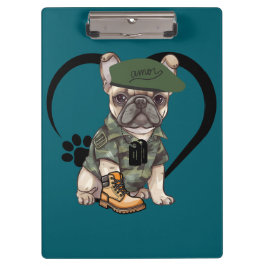 Franse Bulldog Puppy in Camo Outfit & Groene Baret Klembord