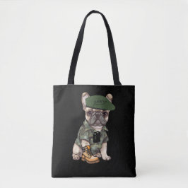 Franse Bulldog Puppy in Camo Outfit & Groene Baret Tote Bag