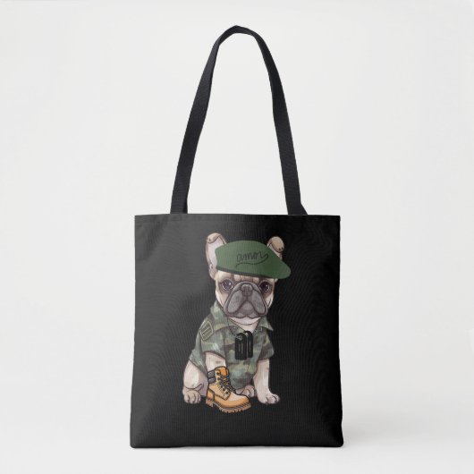 Franse Bulldog Puppy in Camo Outfit & Groene Baret Tote Bag (Voorkant)