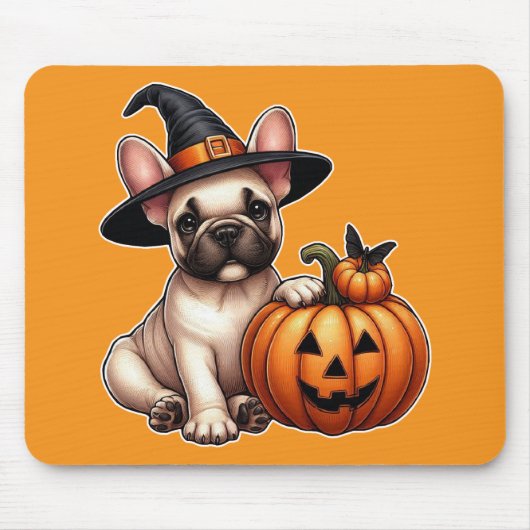 Franse Bulldog Puppy in Heks Pet met Pompoen Muismat (Voorkant)