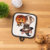 Franse Bulldog Puppy in Heks Pet met Pompoen Pannenlap (Top down)