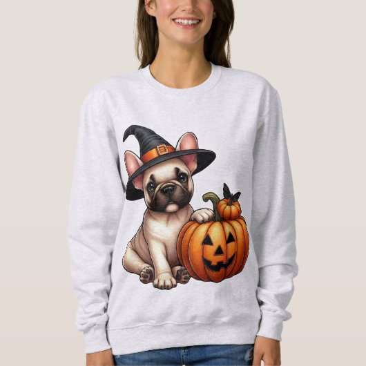 Franse Bulldog Puppy in Heks Pet met Pompoen Trui (Voorkant)