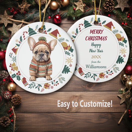 Franse Bulldog Puppy in Winter Sweater Kerstmis Keramisch Ornament