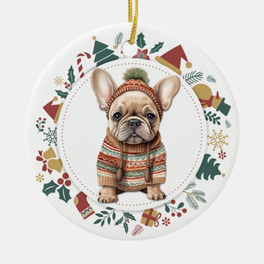 Franse Bulldog Puppy in Winter Sweater Kerstmis Keramisch Ornament (Voorkant)